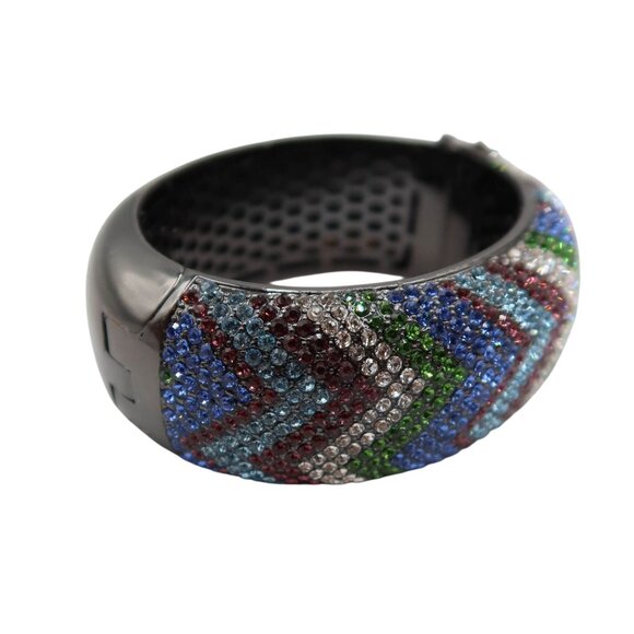 AKKAD Multicolor Pave Crystal Gun Metal Hinged Clamper Bracelet w/ Safety Clasps - Picture 3 of 9